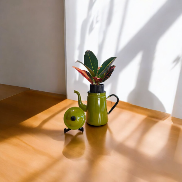 Vintage Olive Green Enamelware Coffee/Tea Kettle Planter with Croton Plant