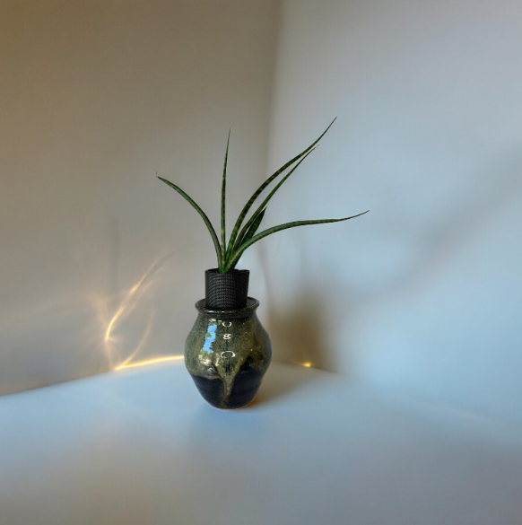 Handcrafted Drip Glaze Pottery Planter with Snake Plant